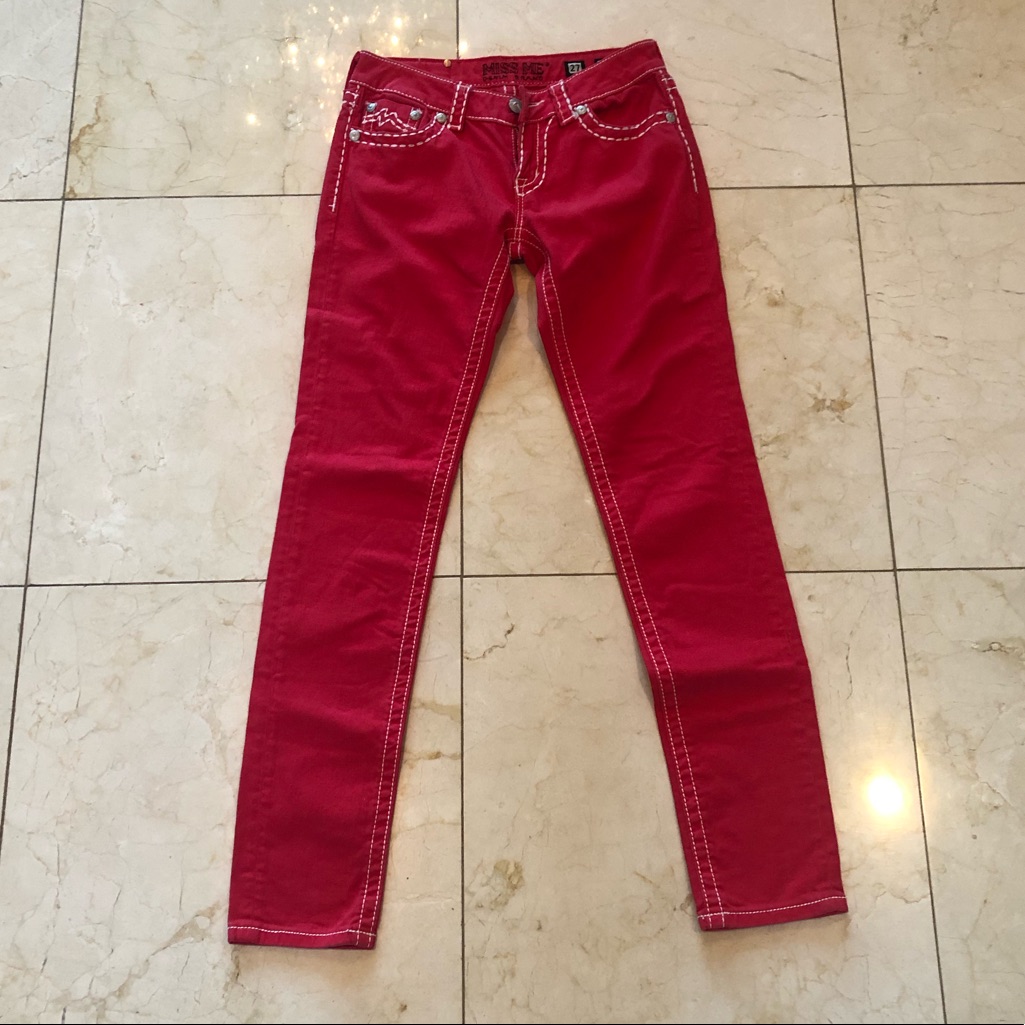 Miss Me Red And White Stitched Denim Skinny Sz 27